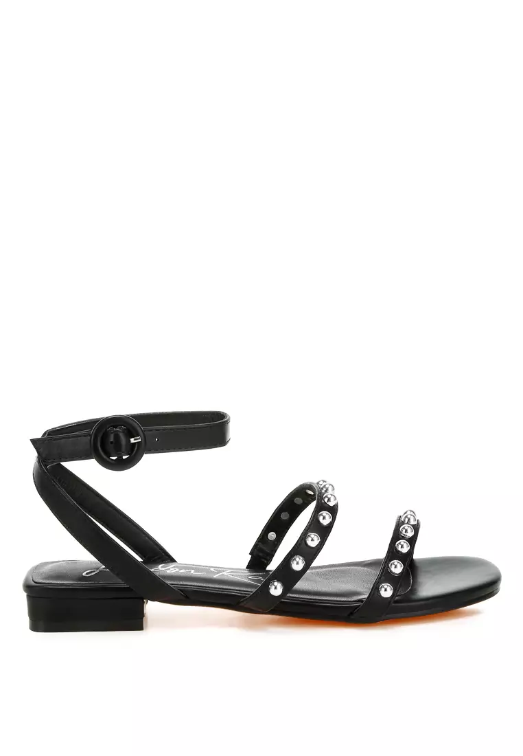Discount on London Rag  shoes - SKU: Studded Ankle Strap Flat Sandals in Black