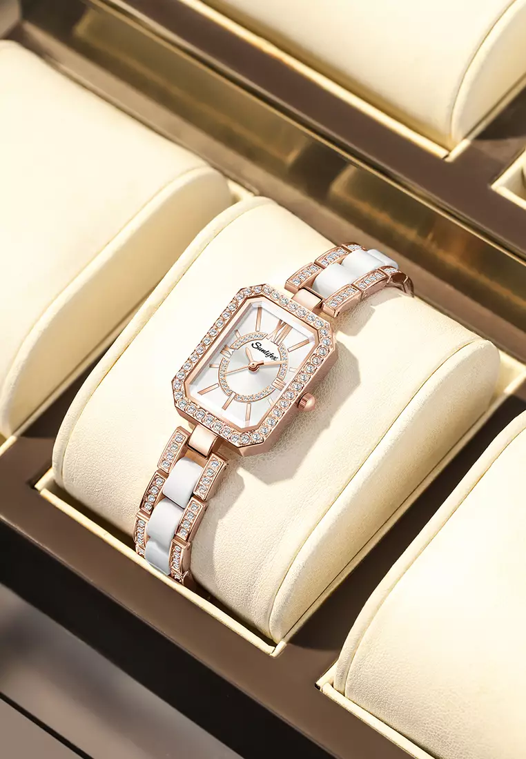 Jam Tangan Wanita Original Korea Kuasar Berlian Square Tali Stainless Steel Anti Air Jam Tangan Cewek silver