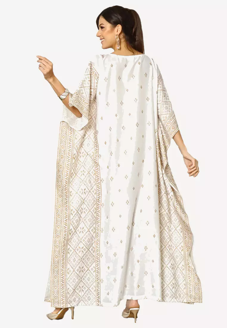 Kanzi Exclusive Short Sleeve Songket Side Kaftan White