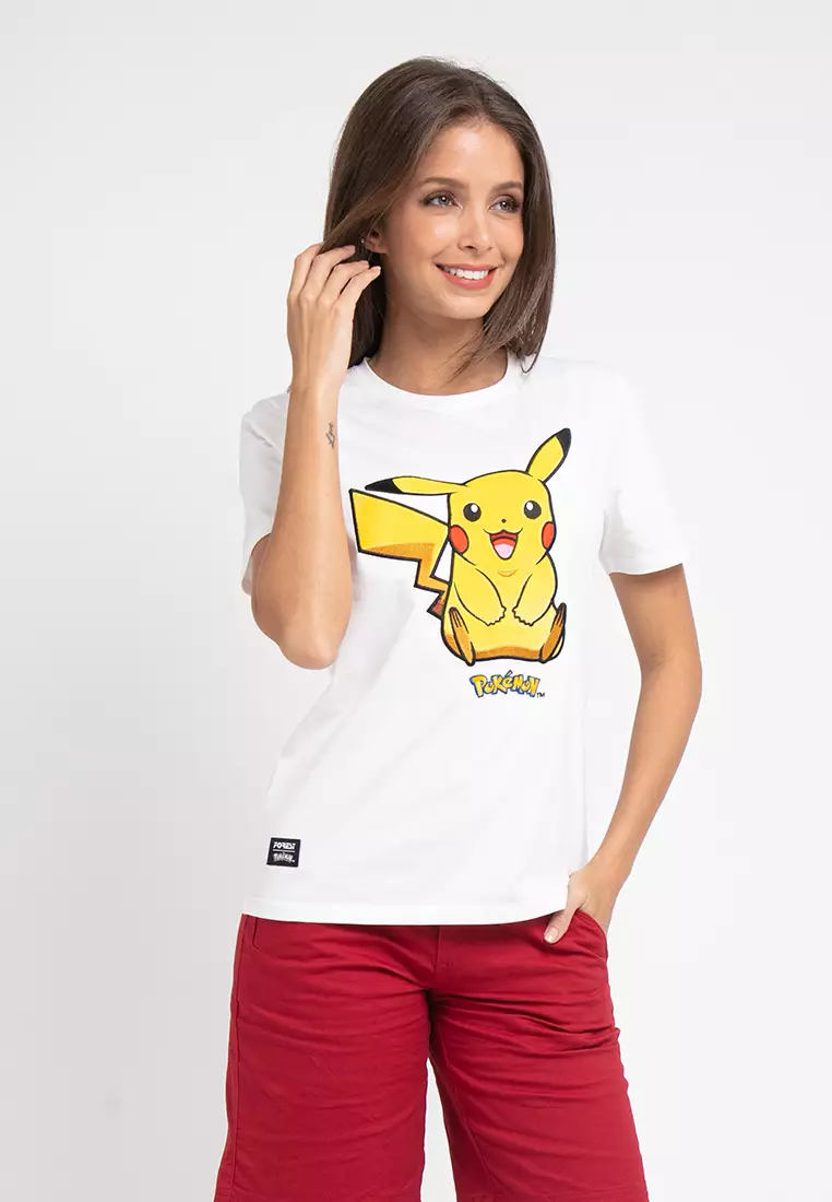Forest X Pokemon Ladies Coral Fleece Textured Embroidered Pikachu Round Neck Tshirt Women - FP821000-02White