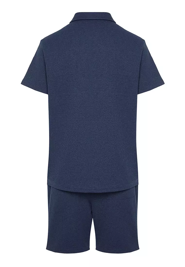 Indigo Regular Cut Textured Fabric Labeled Polo Collar Tracksuit Set TMNSS23EM00003
