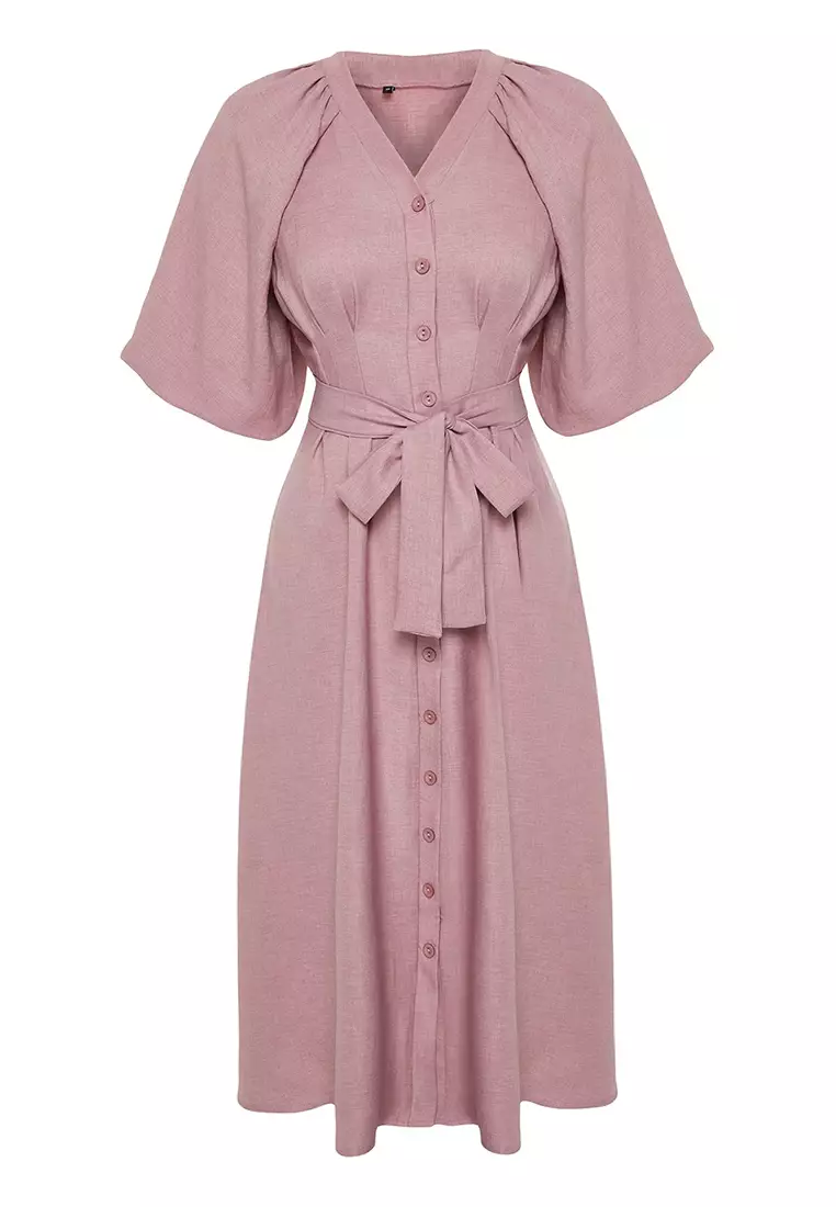 Pink Belted Half Balloon Sleeve Linen Look Woven Shirt Dress Tctss24Eb00014