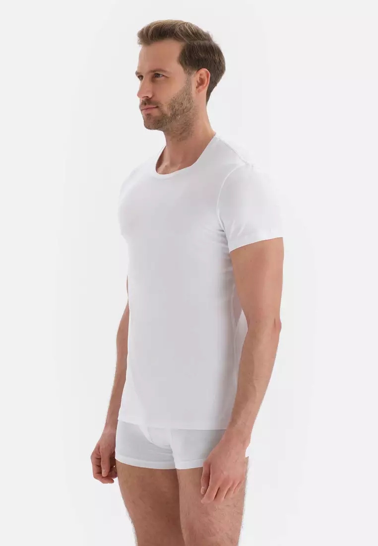 White Basic Undershirt, Crew Neck, Slim Fit, Short Sleeve Underwear for Men