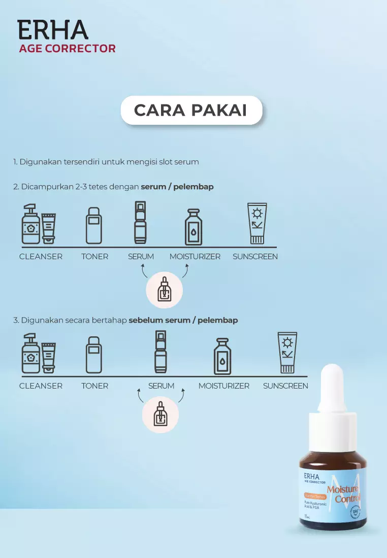 ERHA Age Corrector Moisture Control Booster 15ml Pure Hyaluronic Acid & PGA  - Booster Hidrasi Anti Aging | Melembabkan Lebih Dalam | Mengurangi Garis Halus | Mencerahkan | Anti Penuaan