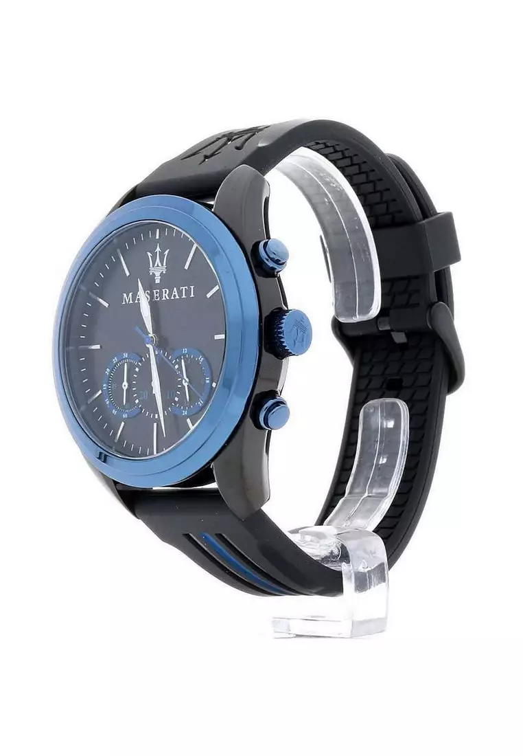 【2 Years Warranty】 Maserati Traguardo Black & Blue PU Quartz Chronograph Watches R8871612006 With Luminous Hands