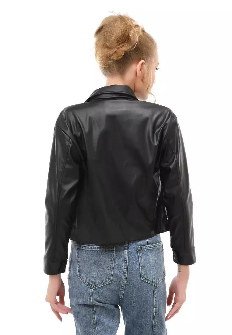 Glenice Jacket Outer Fashion Wanita Model Korea Waterproof Windproof Material Leather ORIGINAL - Black