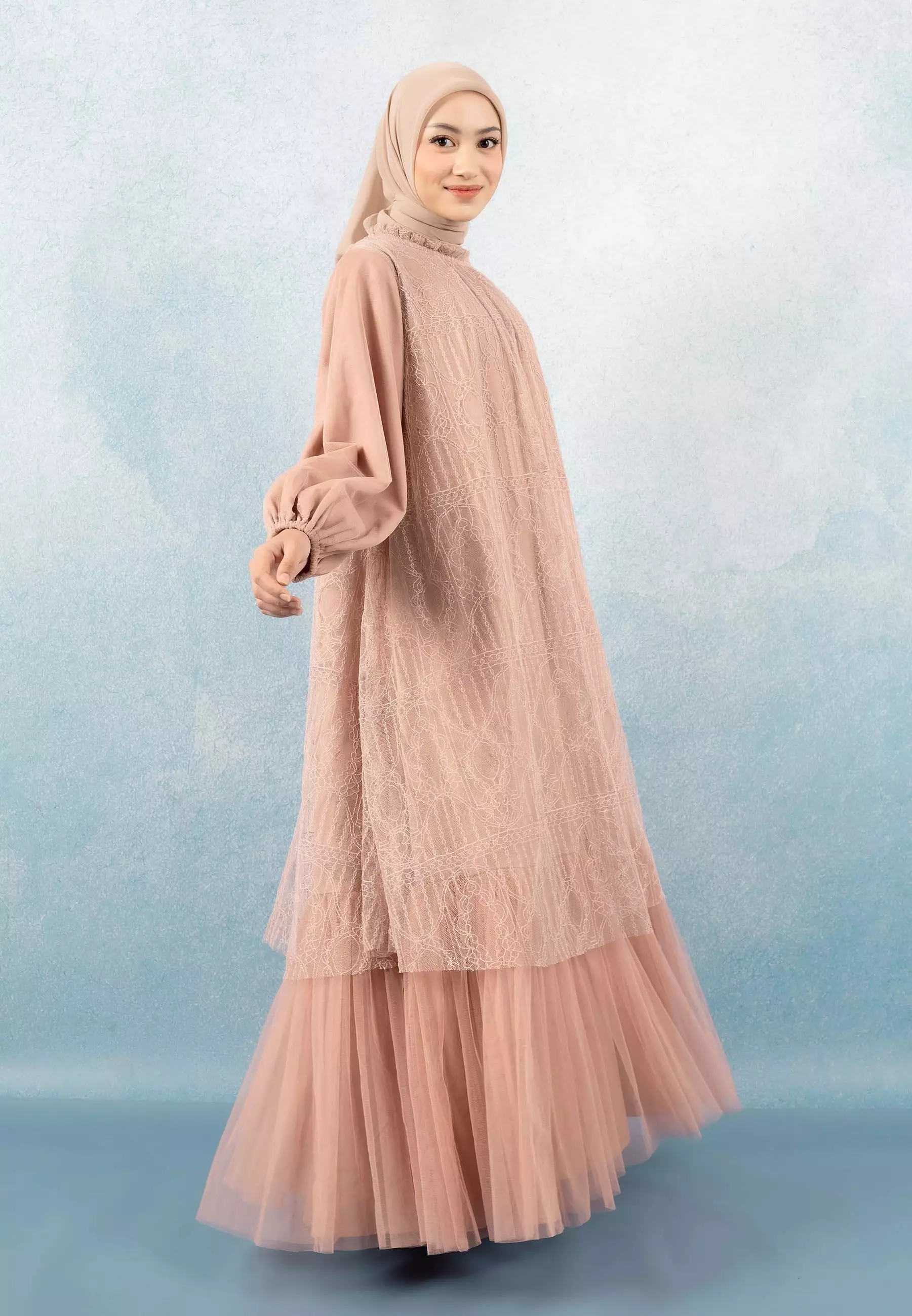 HijabChic Syahira Mocca Dress - Dress Brukat Tulle Elegan Best Seller