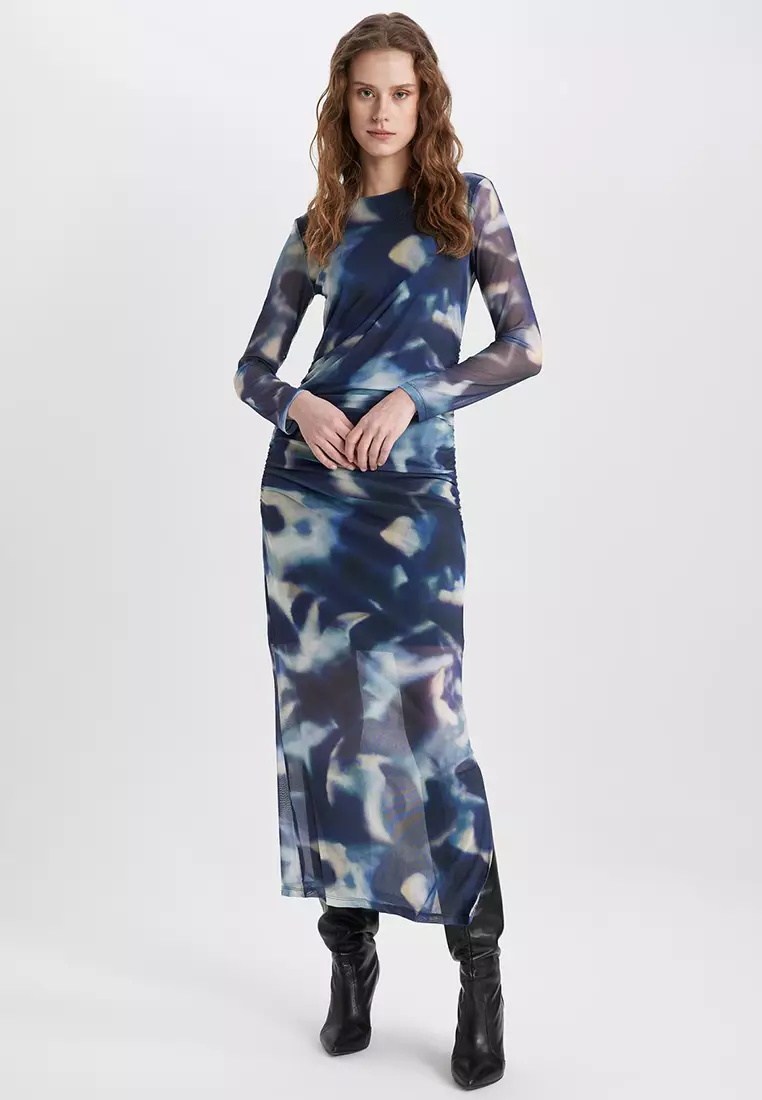 Printed Tulle Midi Dress