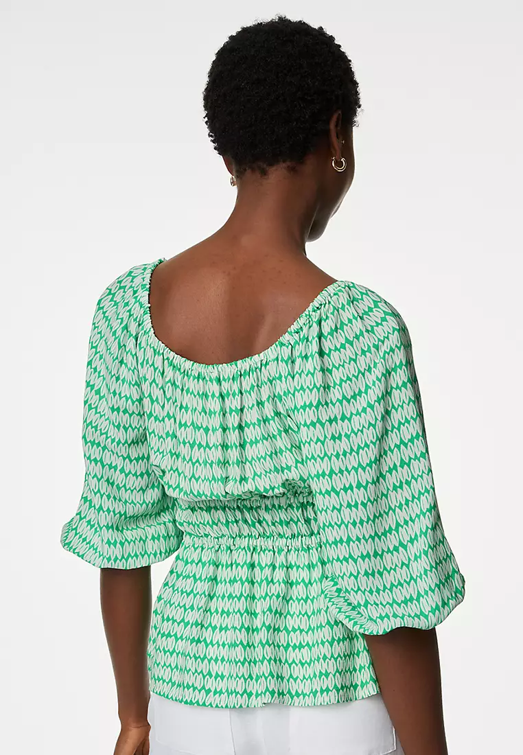 Printed Blouson Sleeve Peplum Top