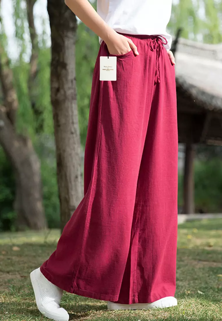 Drawstring Waist Linen Wide-leg Pants BXF2363