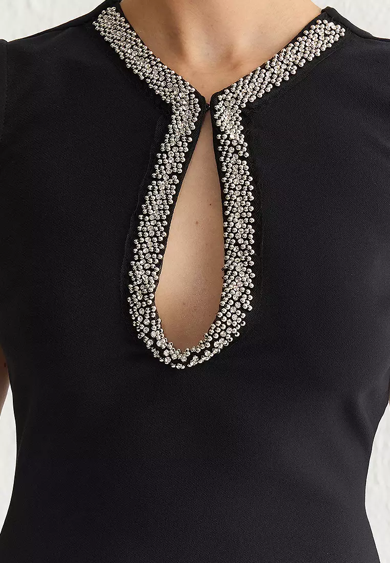 閃亮寶石領飾梭織迷你連身裙