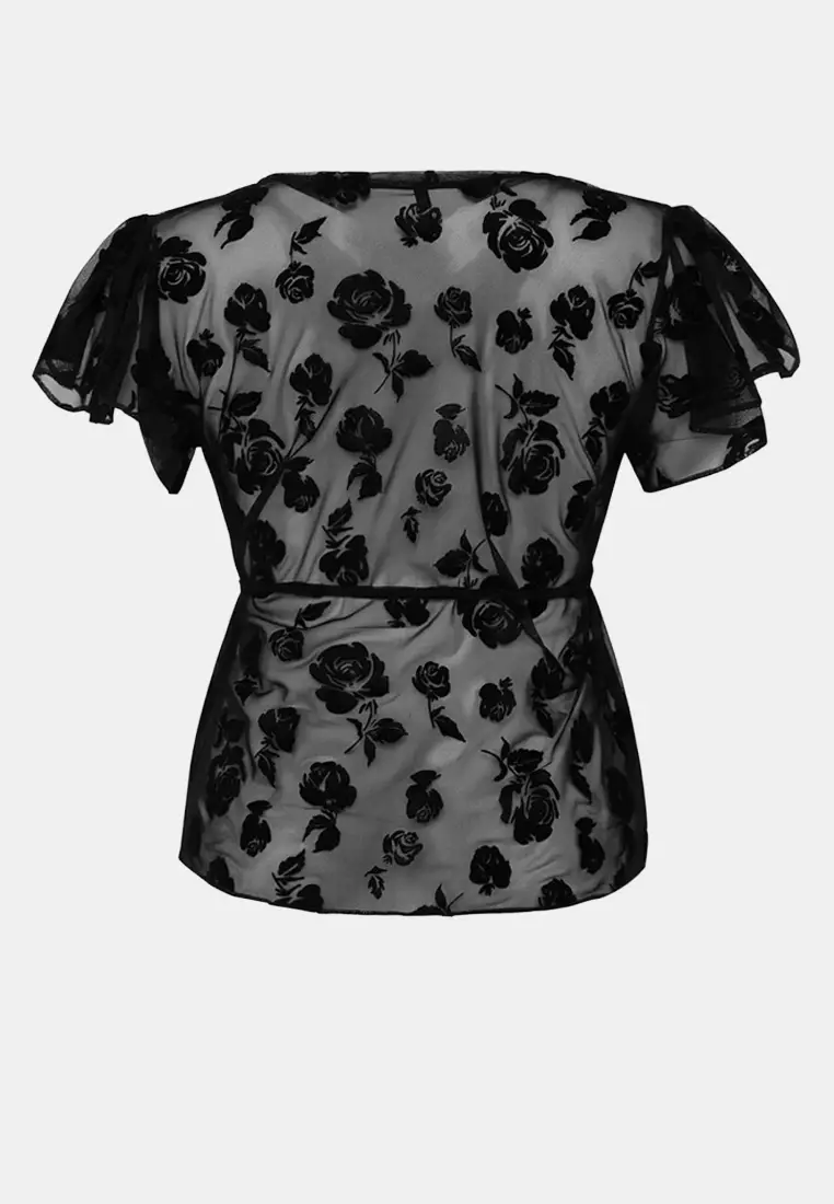 Black Flock Printed Tulle Sheer Stylish Knitted Large Size Blouse Tbbss26Af00192