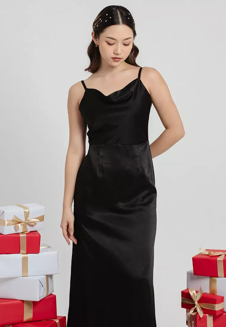 Cowl Neck Backless Maxi Dress in Black