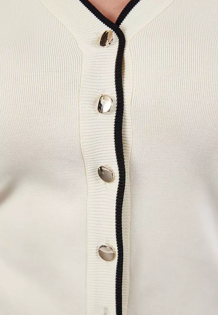 Cream Gold Button Detailed Striped Knitted Cardigan Tbbaw24Av00014