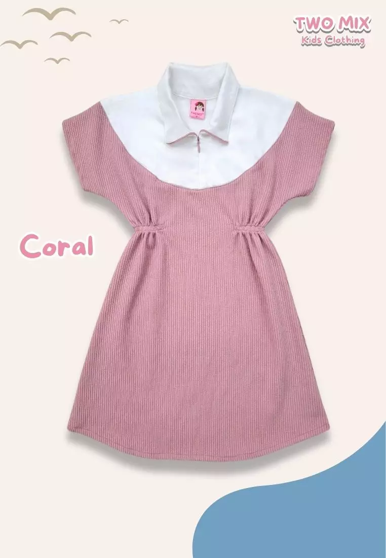 Two Mix - Airin Dress - Dress Anak Cewek Korean Style - Dress Anak 1-8 Tahun 4420 Coral