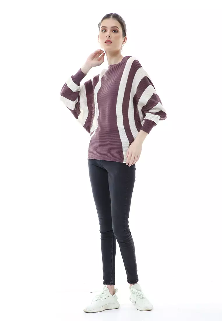 Viana Blouse Rajut Atasan Wanita Motif Zebra Stripe Oversize Jumbo Premium Quality - Burgundy