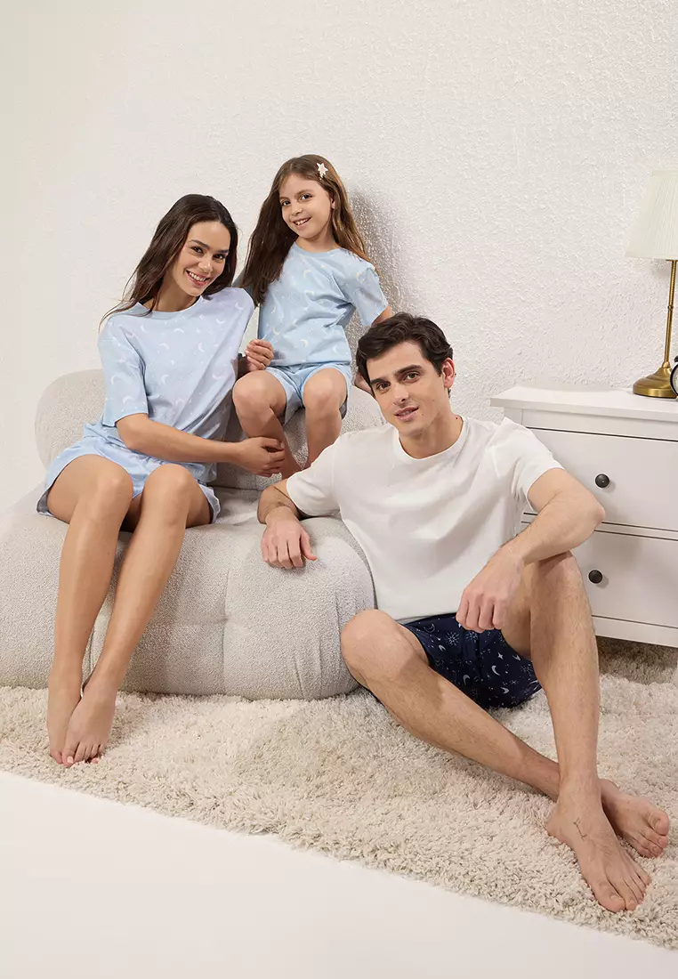 Blue 100% Cotton Oversize Family Short Sleeve Pajamas Set Tkdss25Pt00030