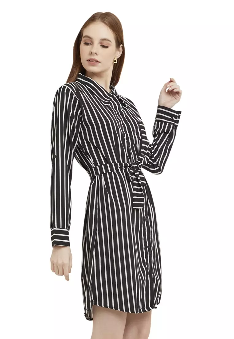 Mini Dress Salur Lengan Panjang Self Tie Belt Wanita - Black