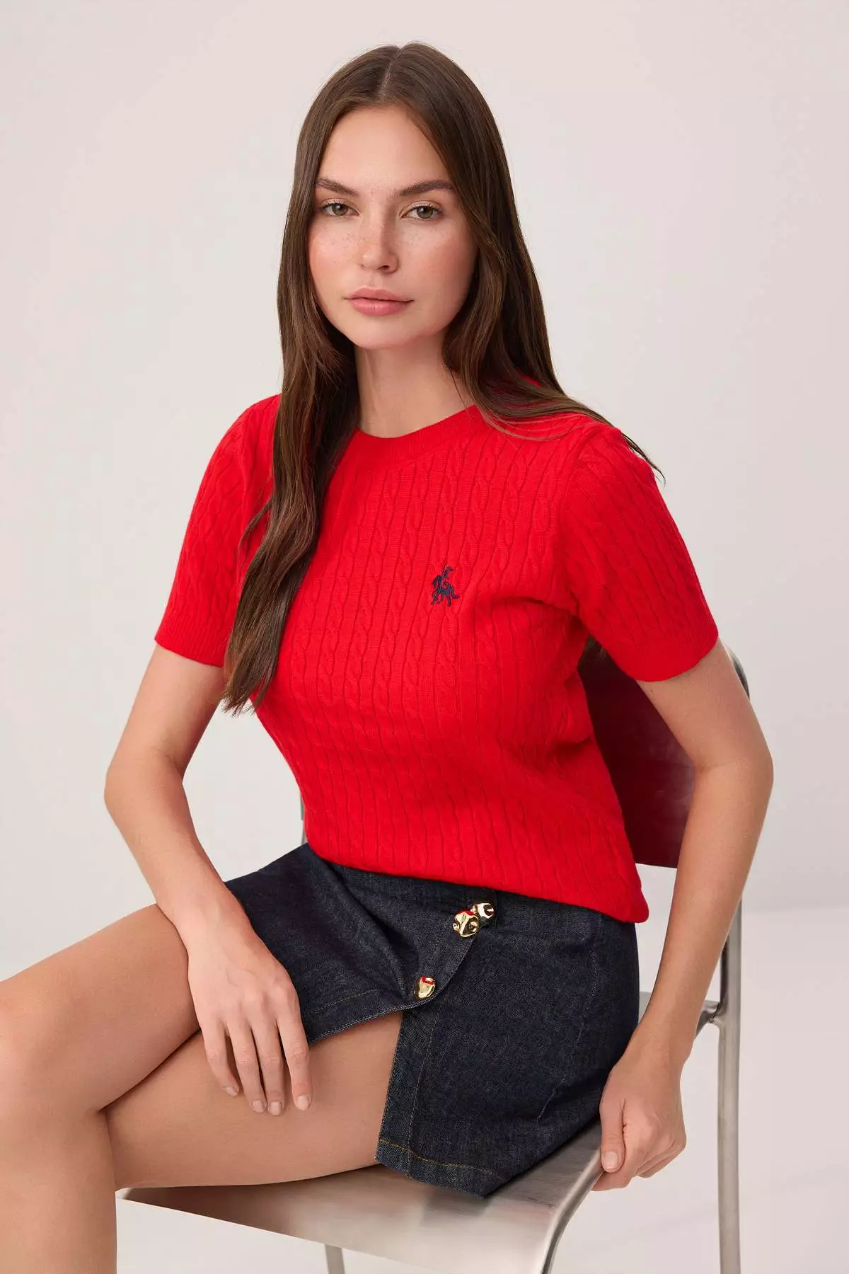 Red Horse Embroidered Hair Braid Knitwear Blouse Twoss26Bz137