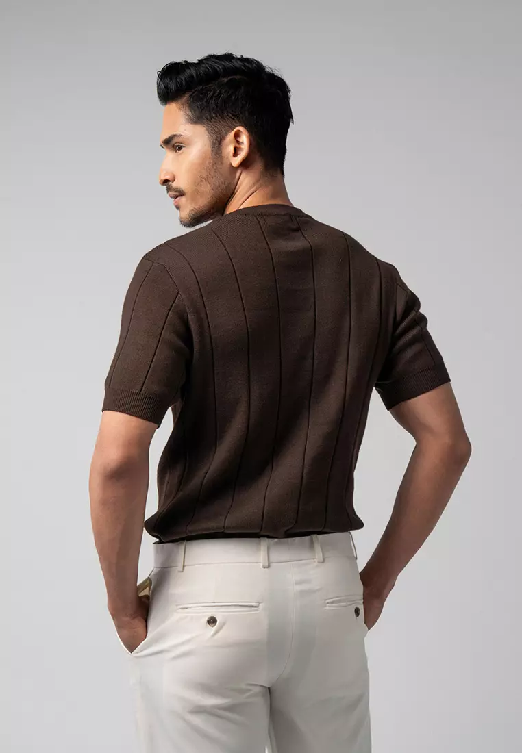 Mens Striped Knitted T-Shirt Cotton Dark Brown SS