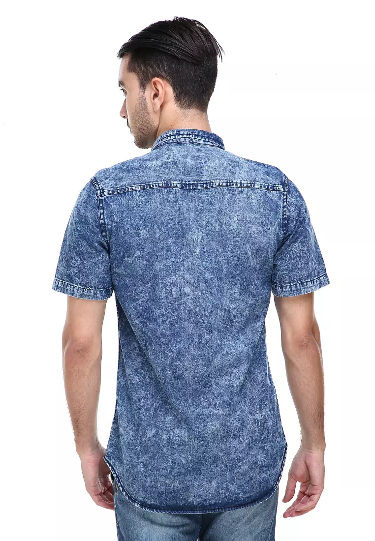 Dwan Shirts Kemeja Jeans Sandwash Kasual Model Slim Fit Material Denim ORIGINAL - Blue
