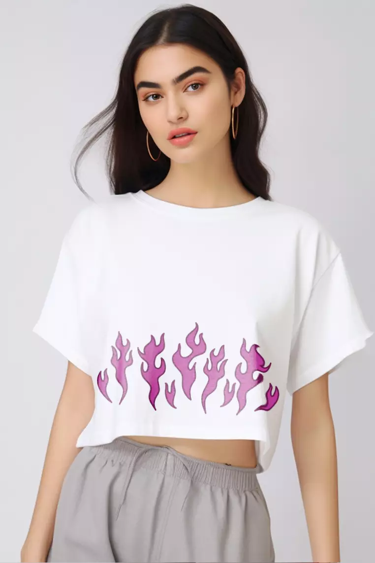 LTE48 crop top OLC kaos oversize wanita pink fire putih