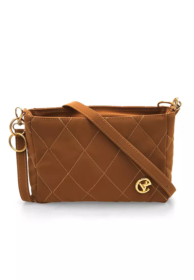 Tania Tas Selempang Wanita Motif Kotak Design Elegant High Quality - Choco