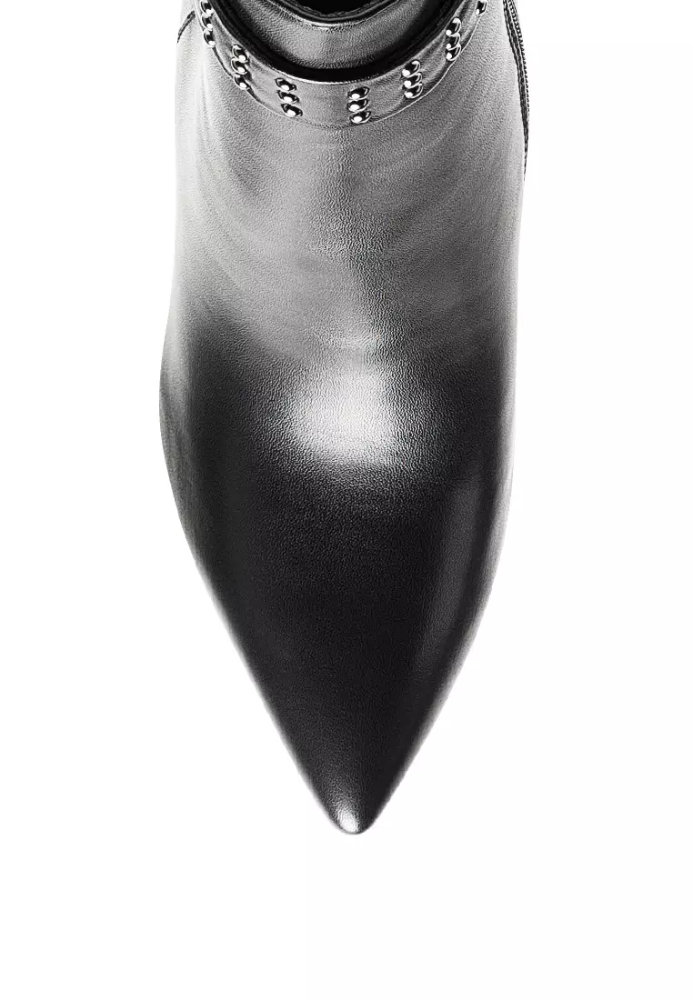 Faux Leather Stud Strap Detail Stiletto Boot in Black