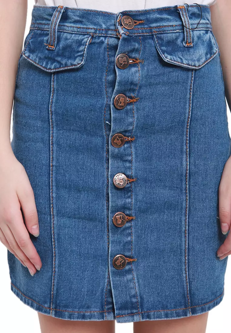 Katty Skirt Mini Jeans Motif Plain Bawahan Wanita Regular Fit - Medium Blue