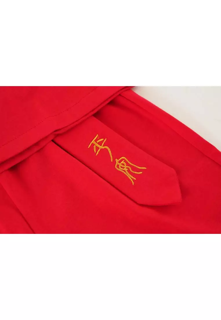 財富和諧紅色家庭裝金魚刺繡嬰兒男童唐裝漢服套装上衣與短褲春節中國拜年裝0835