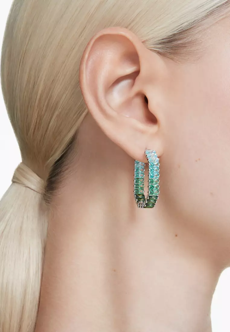 Matrix hoop earrings, Baguette cut, Green, Rhodium plated