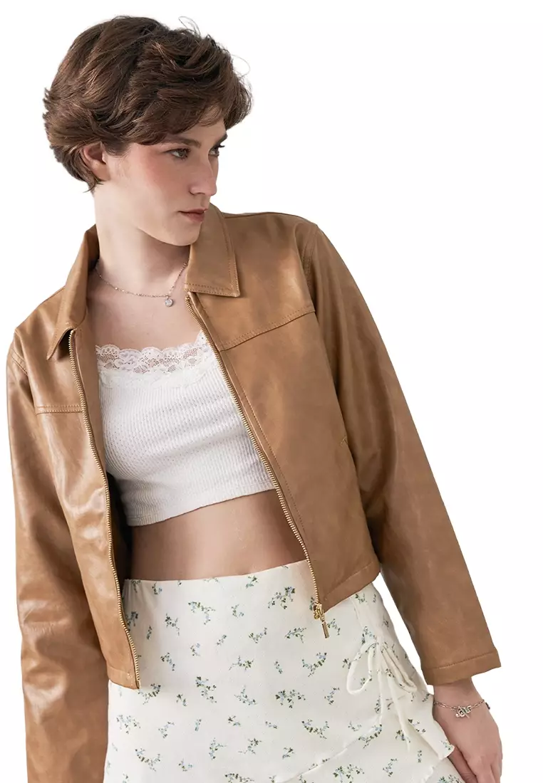 Oiled Leather Wide Collar Zip-Up Jacket