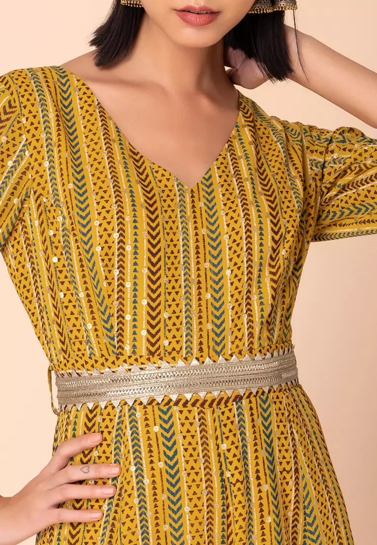 Buy Indya Mustard Yellow Foil Print Flared Jumpsuit With Belt (Set of 2