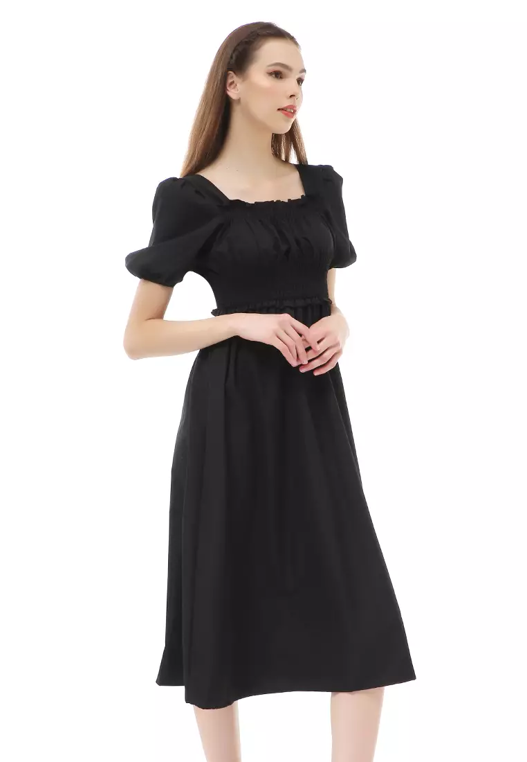 Rachel Dress Retro Wanita Full Karet Short Sleeve Material Cotton ORIGINAL - Black