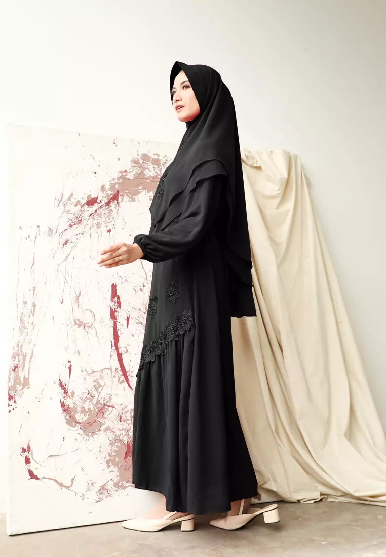 Elwisa Dress | Gamis Khimar Brukat | Long Dress - Shine Black