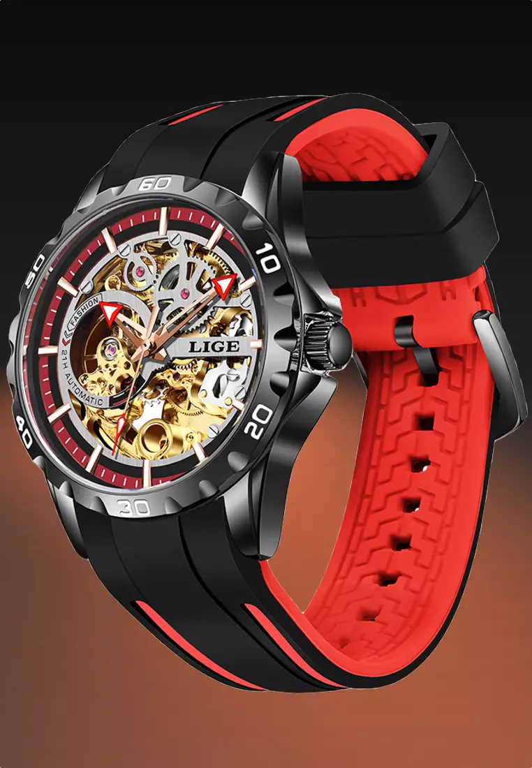 LIGE自動中性煙道的IP黑色不銹鋼自動舞表，透明錶盤，橡膠錶帶