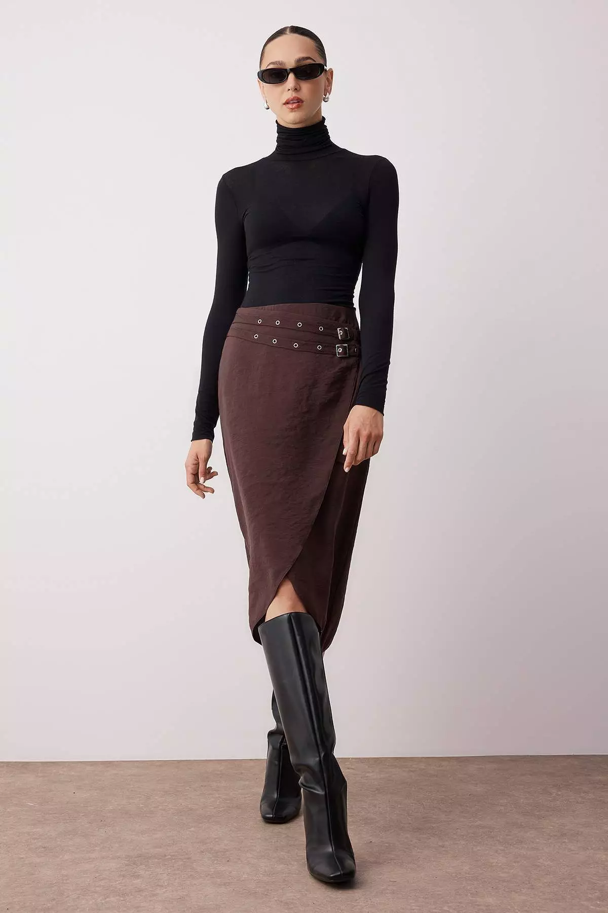Dark Brown Belted Double Breasted Midi Viscose Skirt