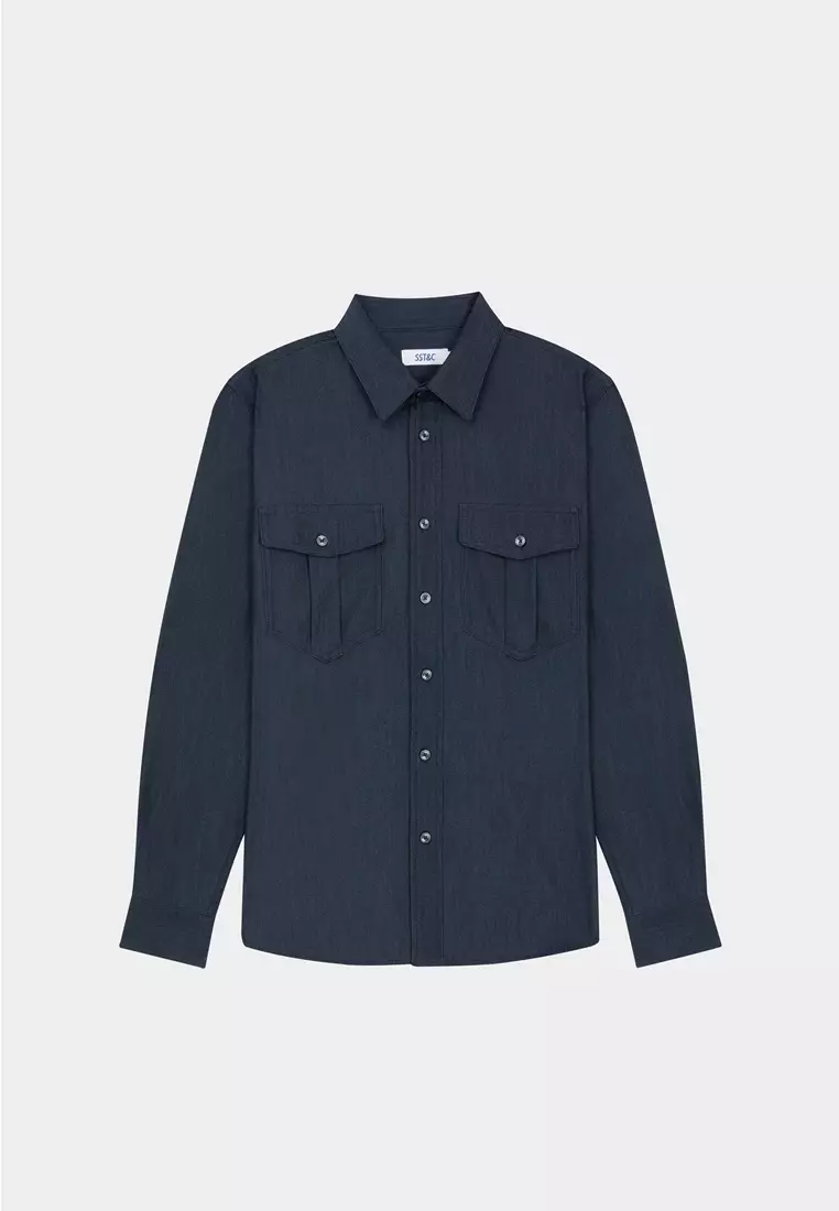Midight Blue Double Pockets Casual Denim Shirt