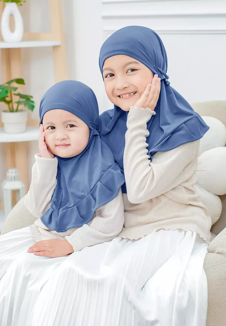 Cotton Bee - Ziva Ruffle Instan | Hijab Instan Anak | Kerudung Jilbab Bergo Tali Anak - River Blue - S