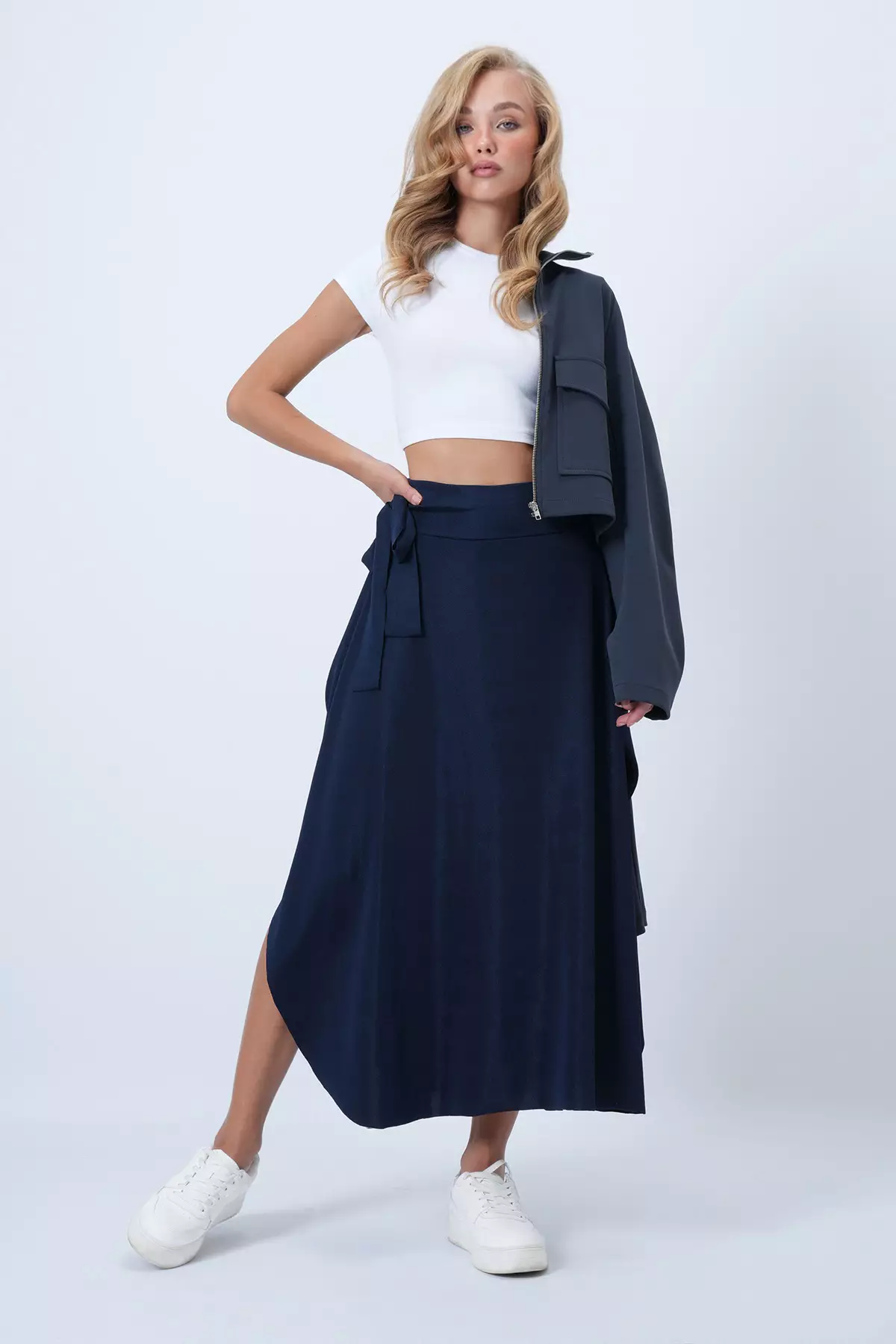 Women's Dark Navy Blue Asymmetrical Cut Tied Waist Skirt Alc-X5001