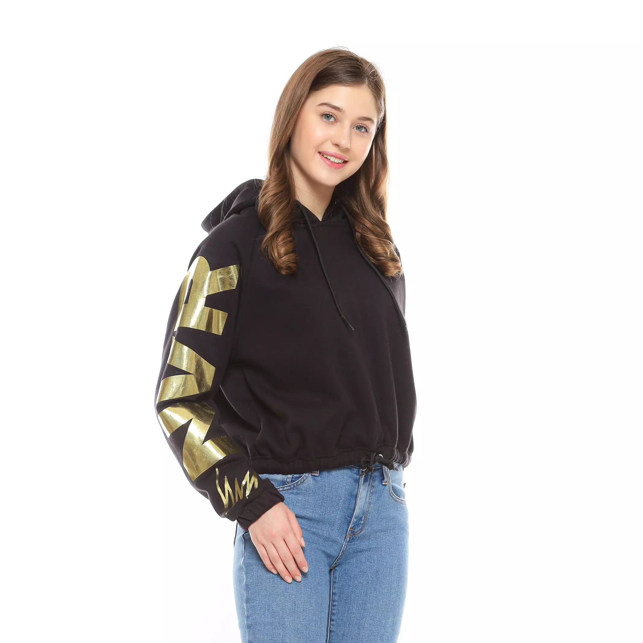 Enough For Today - Hoodie Sweater Crop Oversize Reglan Wanita Hitam Gold Millennium
