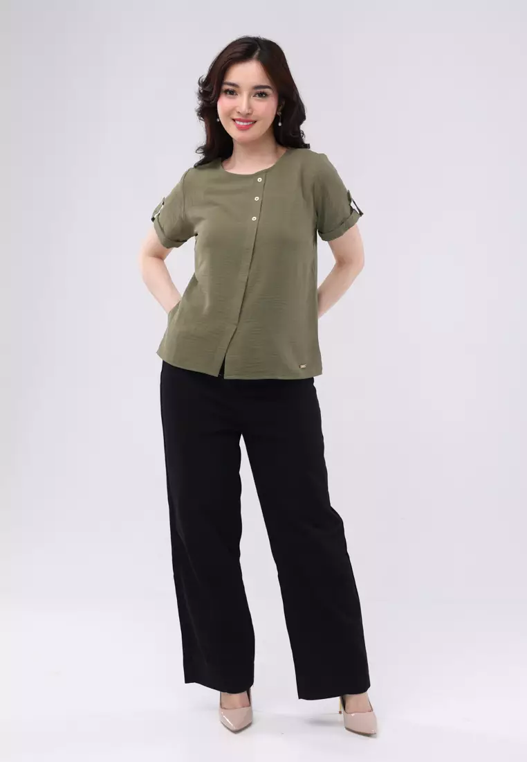 Linen Wrinkles Short Sleeves Round Neck Blouse