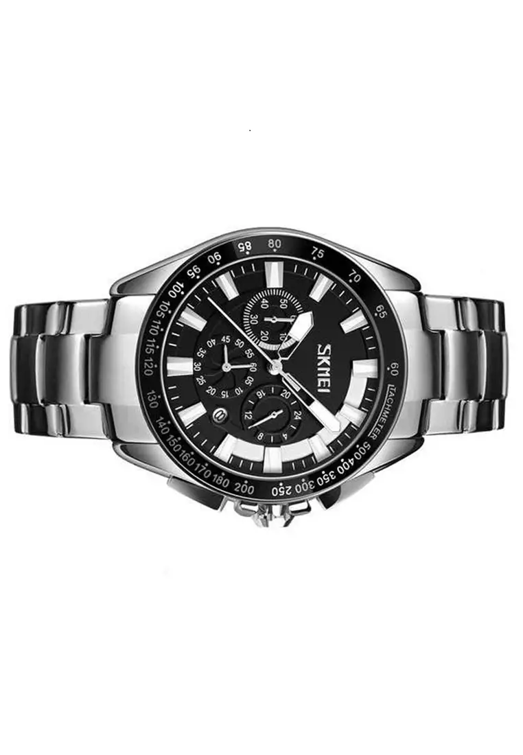 Jam Tangan Analog Pria Strap Stainless Steel Stopwatch Waterproof 30m Minute Second Dial Calendar OO77 ORIGINAL