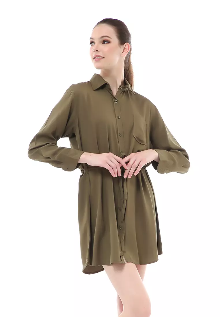 Rachel Dress Wanita Model Kemeja Full Kancing Long Sleeve Material Twill Rayon ORIGINAL - Army Green