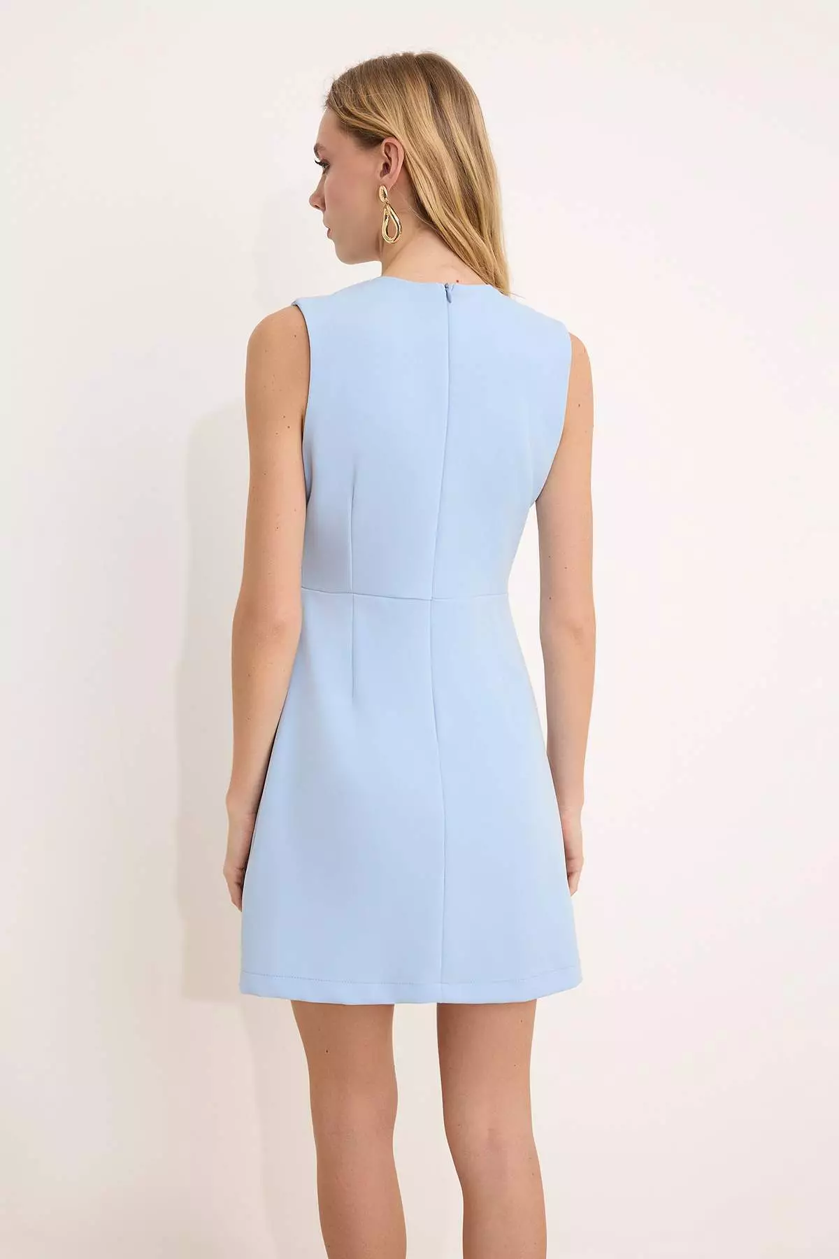 Wardrope Essentials Light Blue Plain Sleeveless V-Neck Mini Stretch Woven Dress Twoss26El298