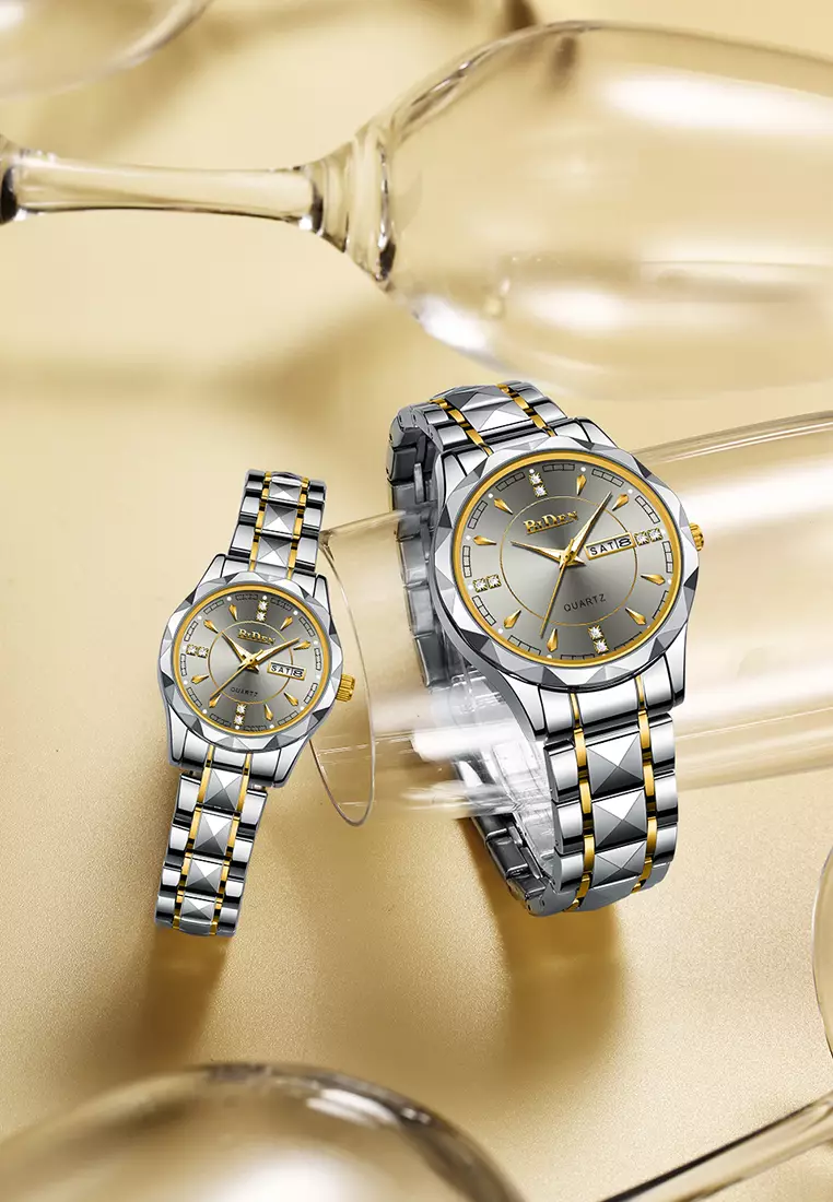 BIDEN Jam Tangan Couple Pasangan Anti Air Original Kalender Bercahaya Luminous Stainless Steel Analog Couple Watch abu-abu