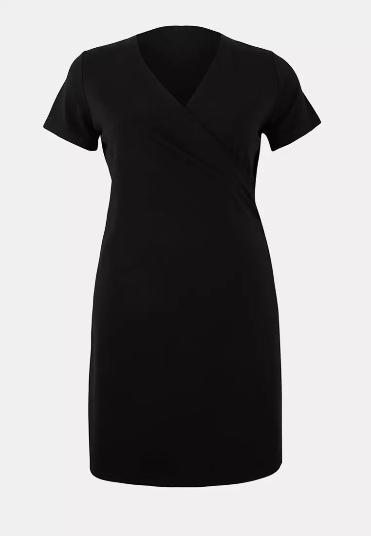 Black Double Breasted Collar A-Line Crepe Mini Smart Knitted Plus Size Dress Tbbss26Ah00137