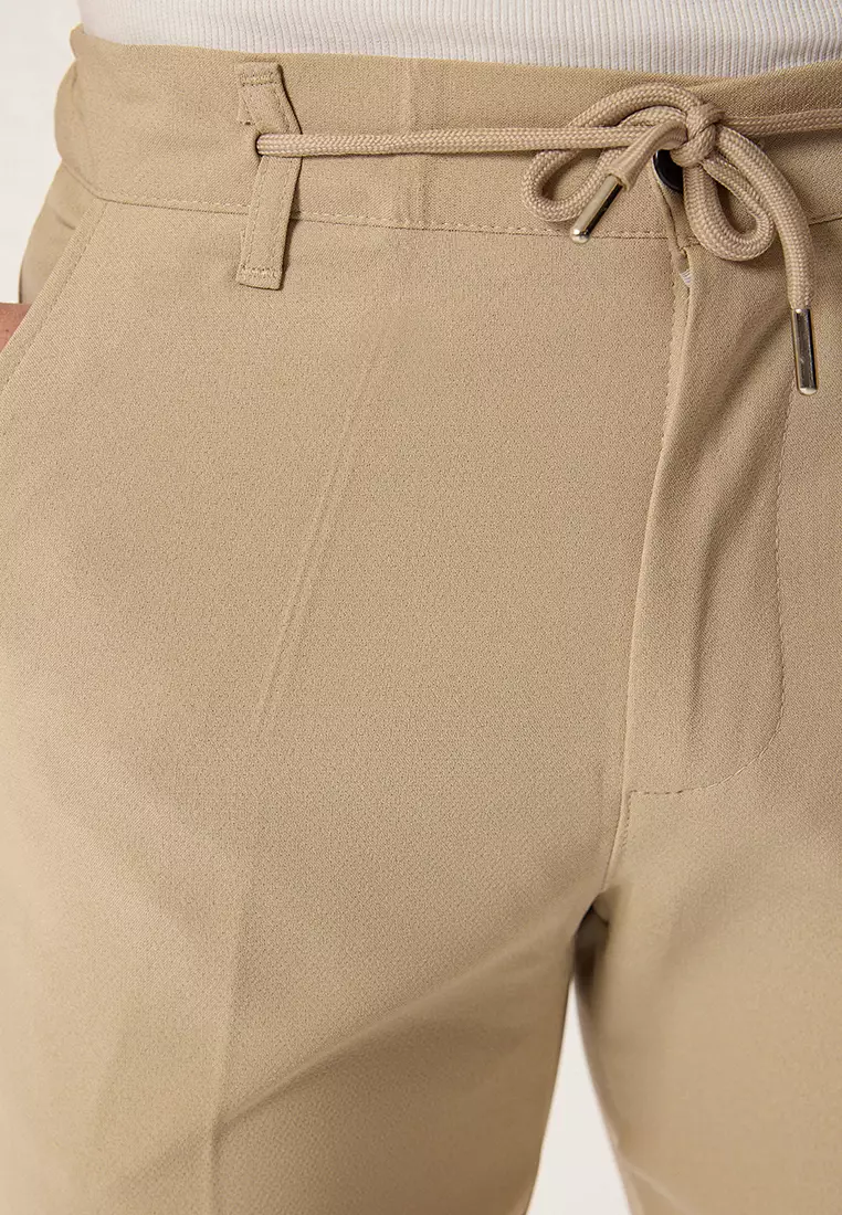 Stone Slim Fit Waist Tie Detail Elastic Fabric Woven Trousers