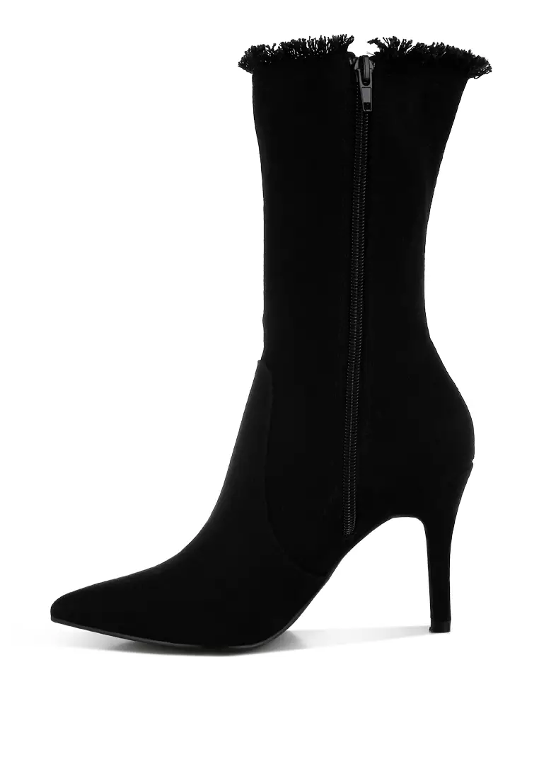 Sepatu Bot Denim Mid-Calf yang Rusak dalam Warna Hitam