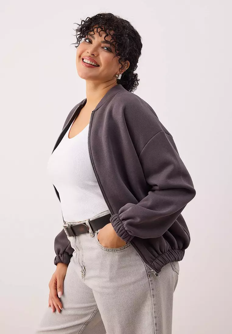 Anthracite Bomber Collar Oversize/Wide Fit Front Zipper Plus Size Sweatshirt Tbbaw26Ao00038